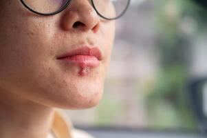 Close up of Herpes labialis occur on woman lower lip. Blisters that break open and form small ulcers, swollen lymph nodes. Herpes simplex virus is an infection that causes herpes. photo