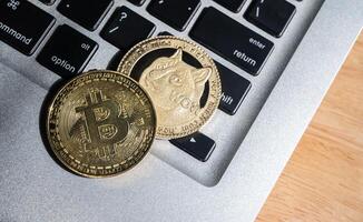 Bitcoin and Dogecoin tokens on computer keyboard. photo
