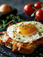 toast with cheese and bacon with a fried egg on top photo