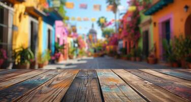 Wooden Tabletop Against a Blurred Background of Colorful Buildings in a Festive Street photo