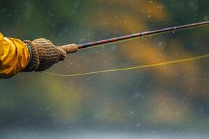 Close-Up of a Fishermans Hand Casting a Line in a Stream photo