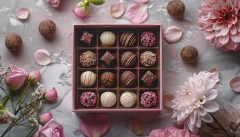 Pink Roses and Assorted Chocolate Truffles in a Pink Box photo