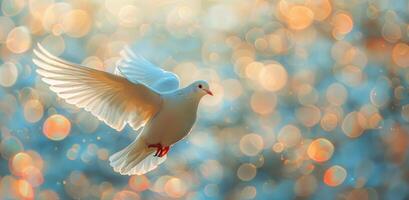 blanco paloma en vuelo en contra un bokeh antecedentes foto
