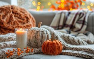 Cozy Autumn Home Decor With Knitted Pumpkins and a Candle photo