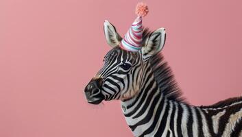 Zebra Wearing Party Hat Against Pink Background photo