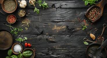 Rustic Black Wooden Background With Spices, Herbs, and Cherry Tomatoes photo