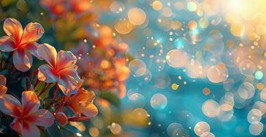 Pink Flowers Blooming Against a Sunlit Blue Background photo