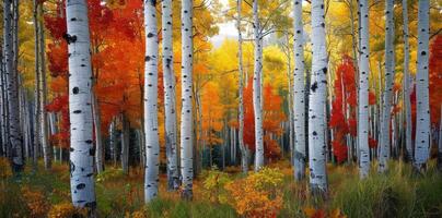 Aspen Trees in Autumn Colors With Red Leaves in a Forest photo