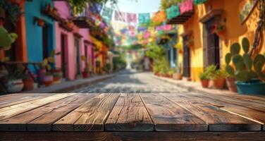 Wooden Tabletop Against a Blurred Background of Colorful Buildings in a Festive Street photo