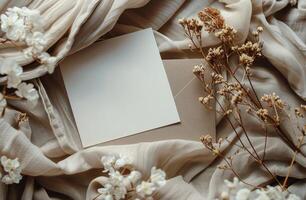 White Envelope on Beige Fabric With Dried Flowers photo
