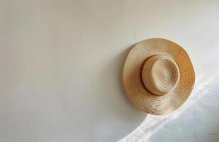 Straw Hat Hanging on a White Wall in Sunlight photo