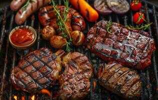 Grilled Steaks and Sausages on a Hot Grill photo