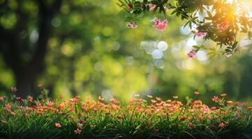 Colorful Wildflowers Blooming in a Lush Green Forest photo
