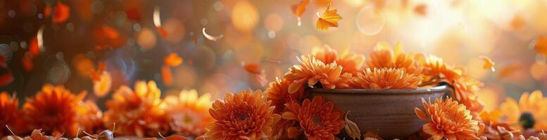 Orange Chrysanthemums Falling In Autumn Light photo