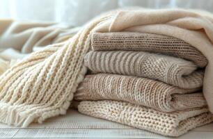 Stack of Knitted Blankets on White Wooden Surface photo