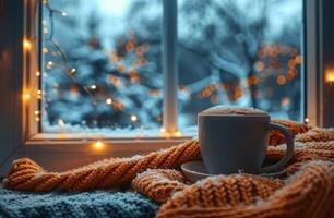 Cozy Winter Morning With Coffee and String Lights photo