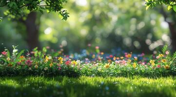 Colorful Wildflowers Blooming in a Lush Green Forest photo