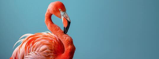 Pink Flamingo Posing Against a Blue Background photo