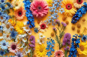 Colorful Spring Flowers Arranged on Yellow Background photo