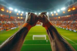 Fans Fists Raised In Excitement At Nighttime Soccer Match photo