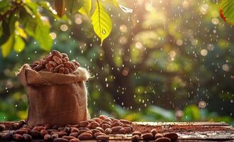 Cocoa Beans in a Burlap Bag Under a Raining Tree photo