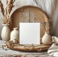 White Blank Card Mockup On Rustic Wooden Tray With Vases and Dried Flowers photo
