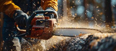 Lumberjack Cutting Log With Chainsaw In Forest During The Day photo