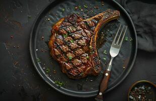 Grilled Bone-In Ribeye Steak on Black Plate With Rosemary photo