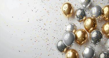 Silver And Gold Balloons On White Background With Confetti photo