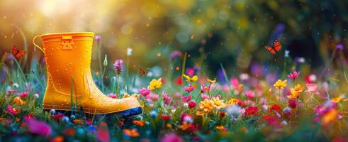 Yellow Rain Boot In A Field Of Flowers And Butterflies photo