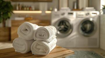 Clean White Towels on Wooden Counter in Laundry Room photo