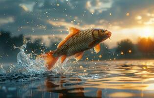 Golden Carp Leaping From the Water at Sunset photo