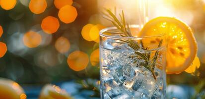 Refreshing Iced Drink With Orange and Rosemary Garnish in Golden Sunlight photo