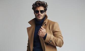 Man Wearing a Tan Overcoat and Sunglasses Posing Against a White Background photo