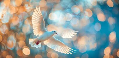 blanco paloma en vuelo en contra un bokeh antecedentes foto