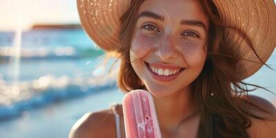 Woman Smiling and Eating Popsicle on Beach in Summer photo