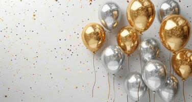Silver And Gold Balloons On White Background With Confetti photo