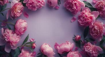 Pink Peonies Arranged in a Circular Frame on a Lilac Background photo