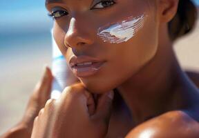Woman Applying Sunscreen on Beach in Summer photo