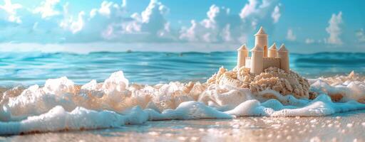 Sandcastle Built On Sandy Beach With Blue Ocean Waves photo