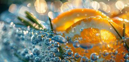 Refreshing Iced Drink With Orange and Rosemary Garnish in Golden Sunlight photo