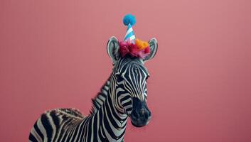Zebra Wearing Party Hat Against Pink Background photo