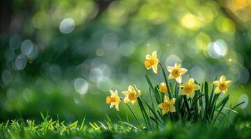Yellow Daffodils Blooming in a Sunny Spring Meadow photo