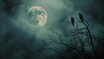 Full Moon Shining Through Dark Clouds Over Silhouetted Tree Branch With Birds Perched photo