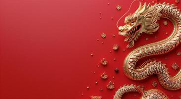 Golden Dragon on Red Background With Glittering Lights photo
