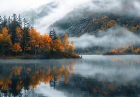 Autumnal Forest Reflection in a Misty Alaskan Lake photo