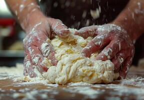 Baker Kneading Dough With Floury Hands in a Kitchen photo