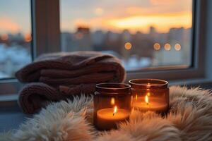 Two Lit Candles on a Blanket With a City Skyline View at Sunset photo
