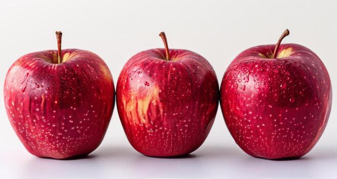 Three Red Apples Aligned on a White Surface photo