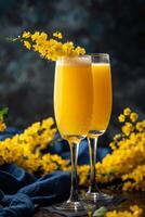 Two Glasses of Sparkling Orange Mimosa With Yellow Flowers on Blue Fabric photo